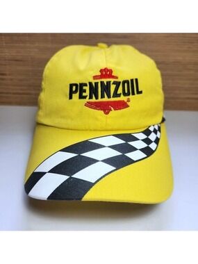 Pennzoil Racing Hat NASCAR Cap Yellow Checkered Brim Big Logo Adjustable Strap
